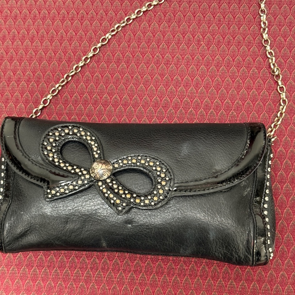Brighton Black‎ Leather Bow Clutch Chain Strap Studded Leopard Lining Y2K